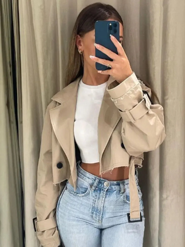 Vintage-Inspired Cropped Trench Jacket with Belt for Women