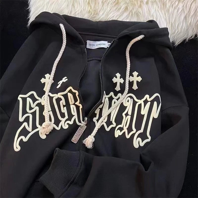 2025 Fall Outfits Harajuku Noir Retro Zip-Up Printed Hoodie