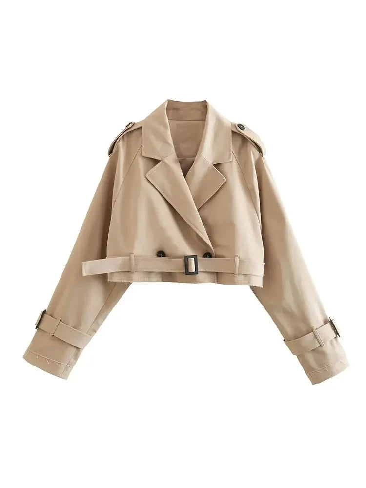 Vintage-Inspired Cropped Trench Jacket with Belt for Women