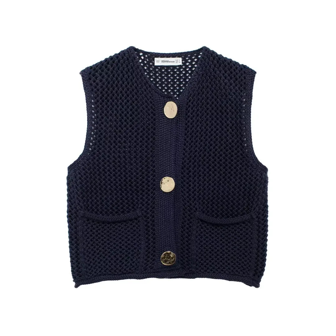 Stylish Sleeveless Sweater Vest with Oversized Pockets