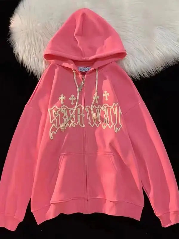 2025 Fall Outfits Harajuku Noir Retro Zip-Up Printed Hoodie