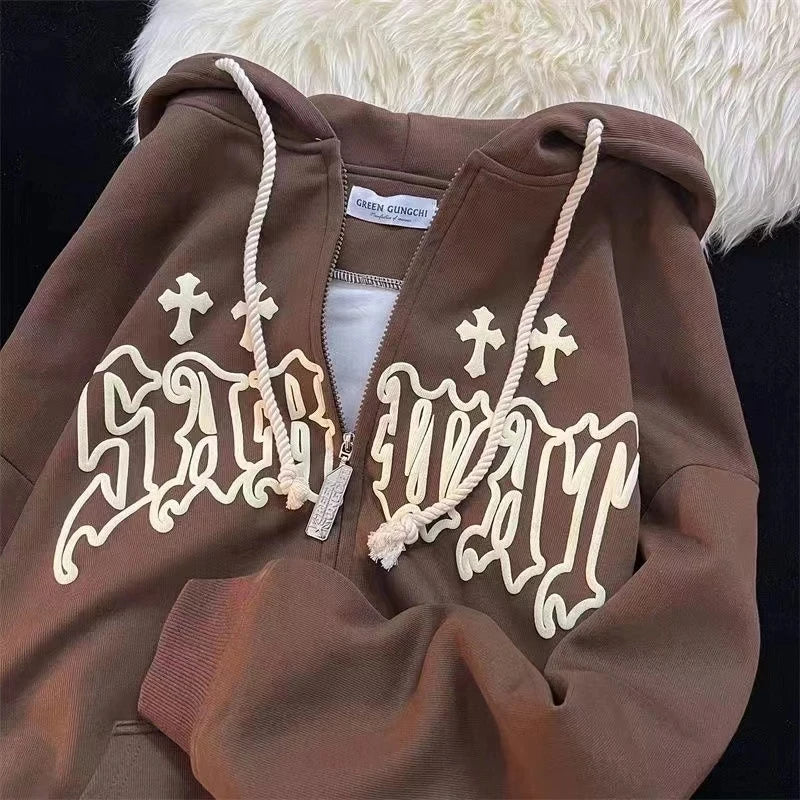 2025 Fall Outfits Harajuku Noir Retro Zip-Up Printed Hoodie