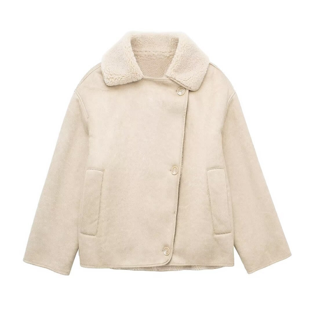 Soft Plush Casual Jacket V Neck Loose Fit Autumn Winter Coat
