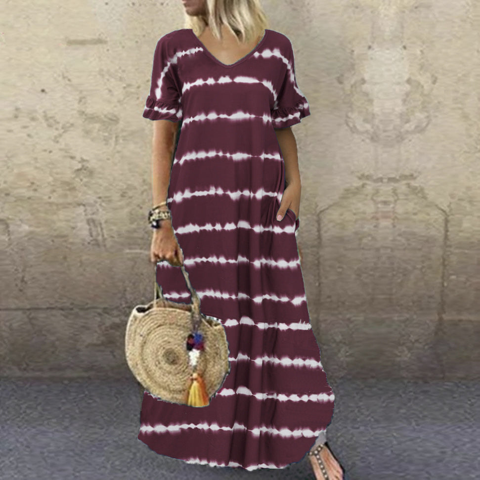 Seaside Serenity: V-Neck Floral Ruffle Dress