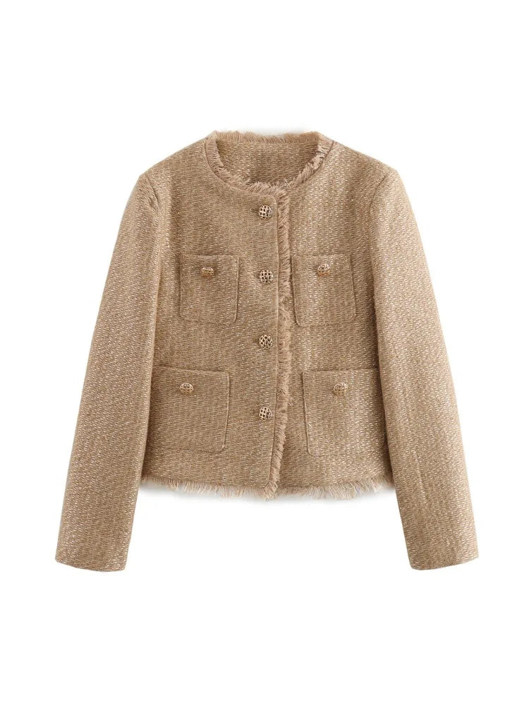 Chic Tweed Crop Jacket with Frayed Details and Button-Up Style