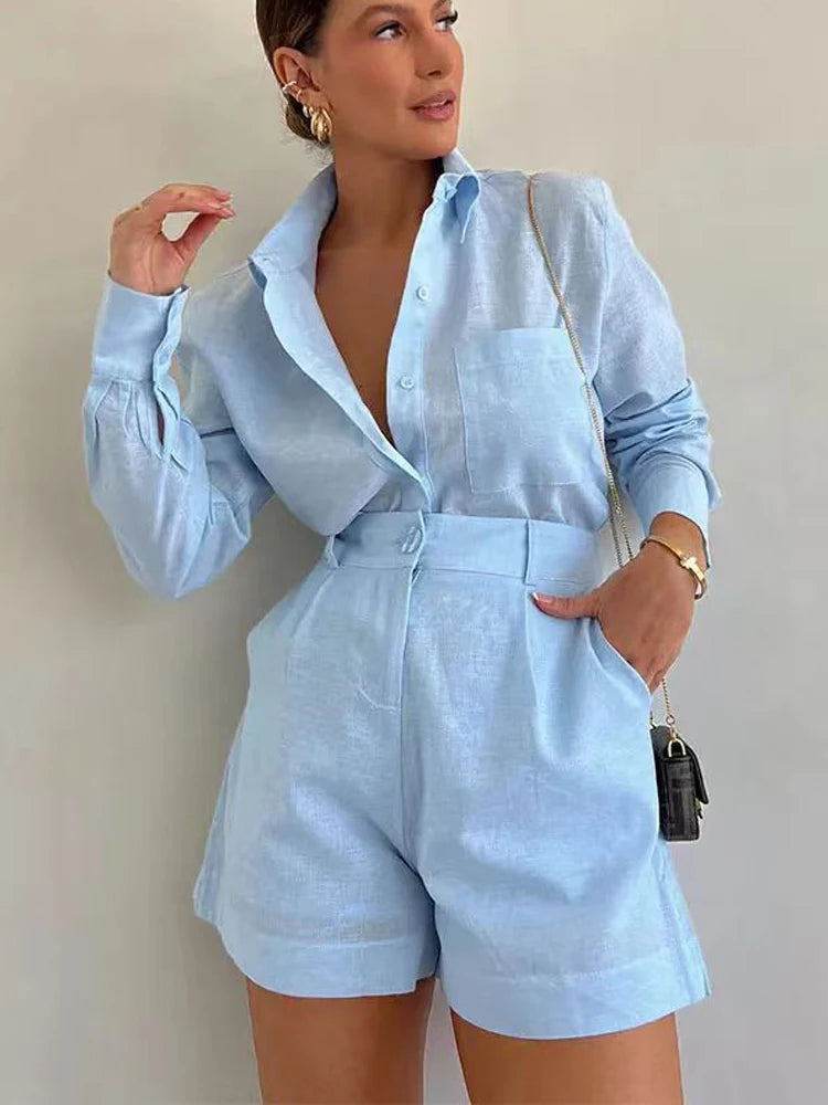 Summer 2 Piece Outfit With Long Sleeve Shirt And Casual Shorts For Outfits Fashion