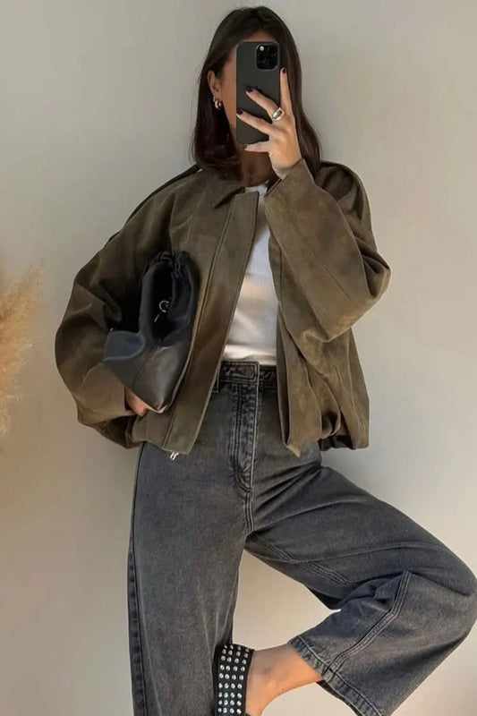 Loose Fit Suede Bomber Jacket Outfit Casual Fall Trend For Women With Lapel Zipper
