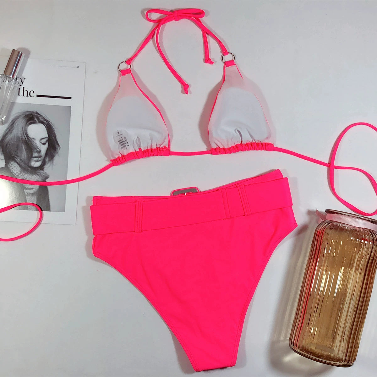 Strappy High Waist Swimsuit With Halterneck And Bold Metal Ring Vibes