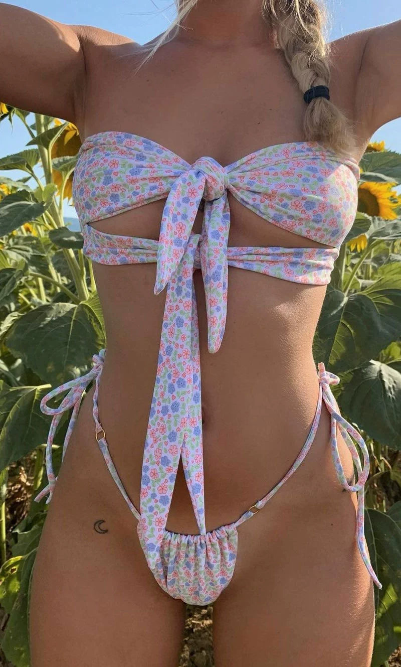 Sweet Print Bikini Set With Hollow Out Details For Summer Swimsuit Aesthetic