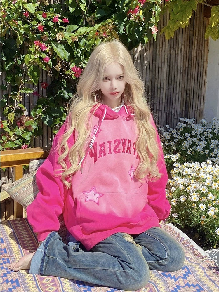 Rose Pink Embroidered Hoodie Coat With Velvet Padding For 2025 Fall Outfits