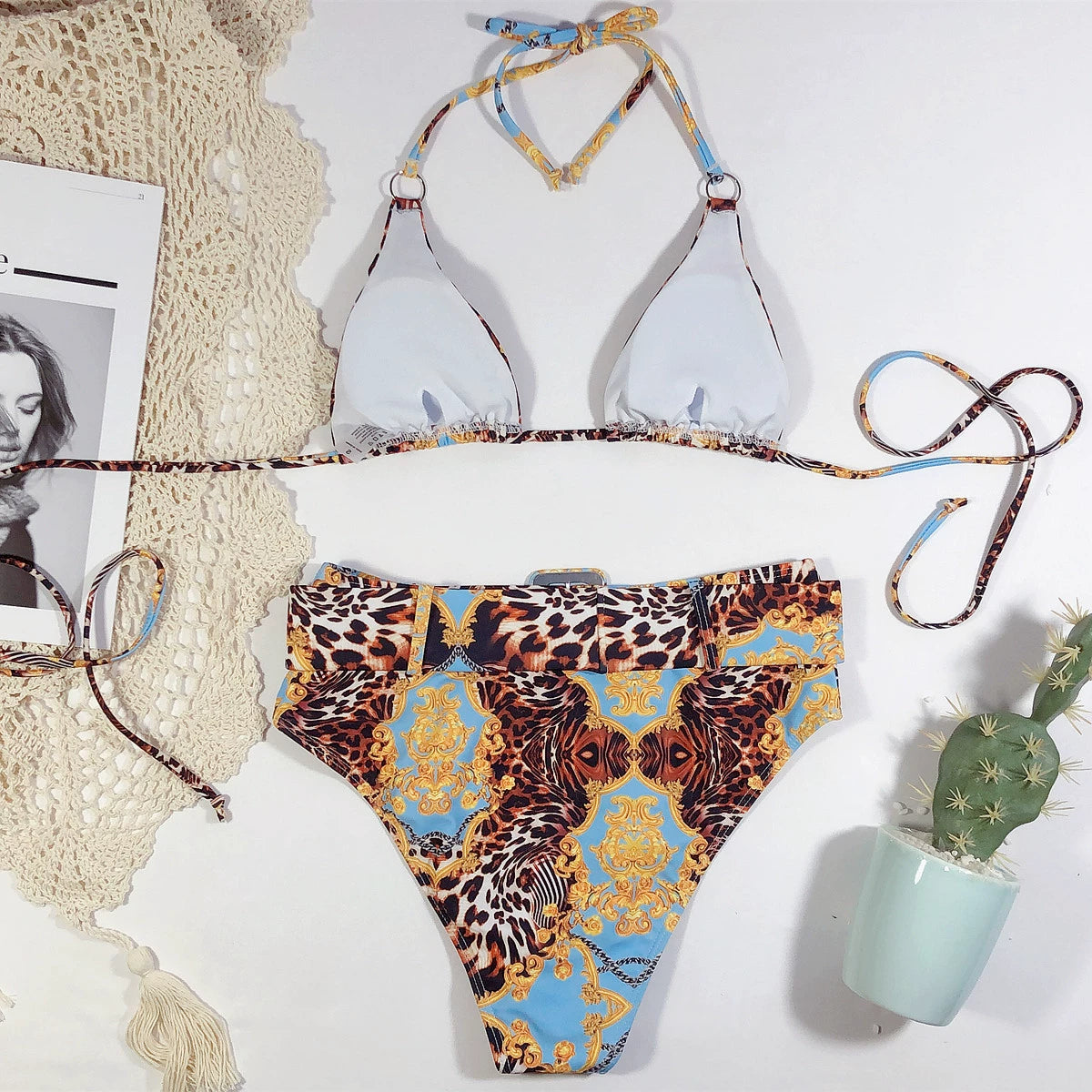 Strappy High Waist Swimsuit With Halterneck And Bold Metal Ring Vibes