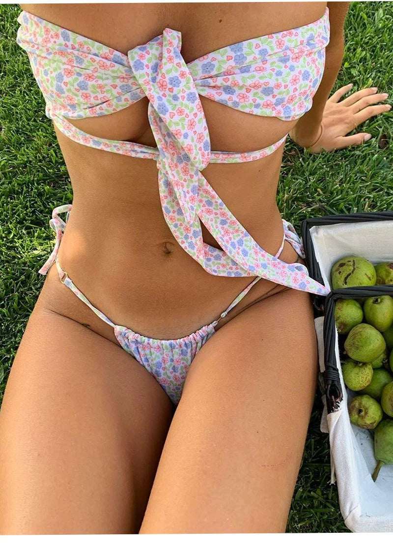 Sweet Print Bikini Set With Hollow Out Details For Summer Swimsuit Aesthetic
