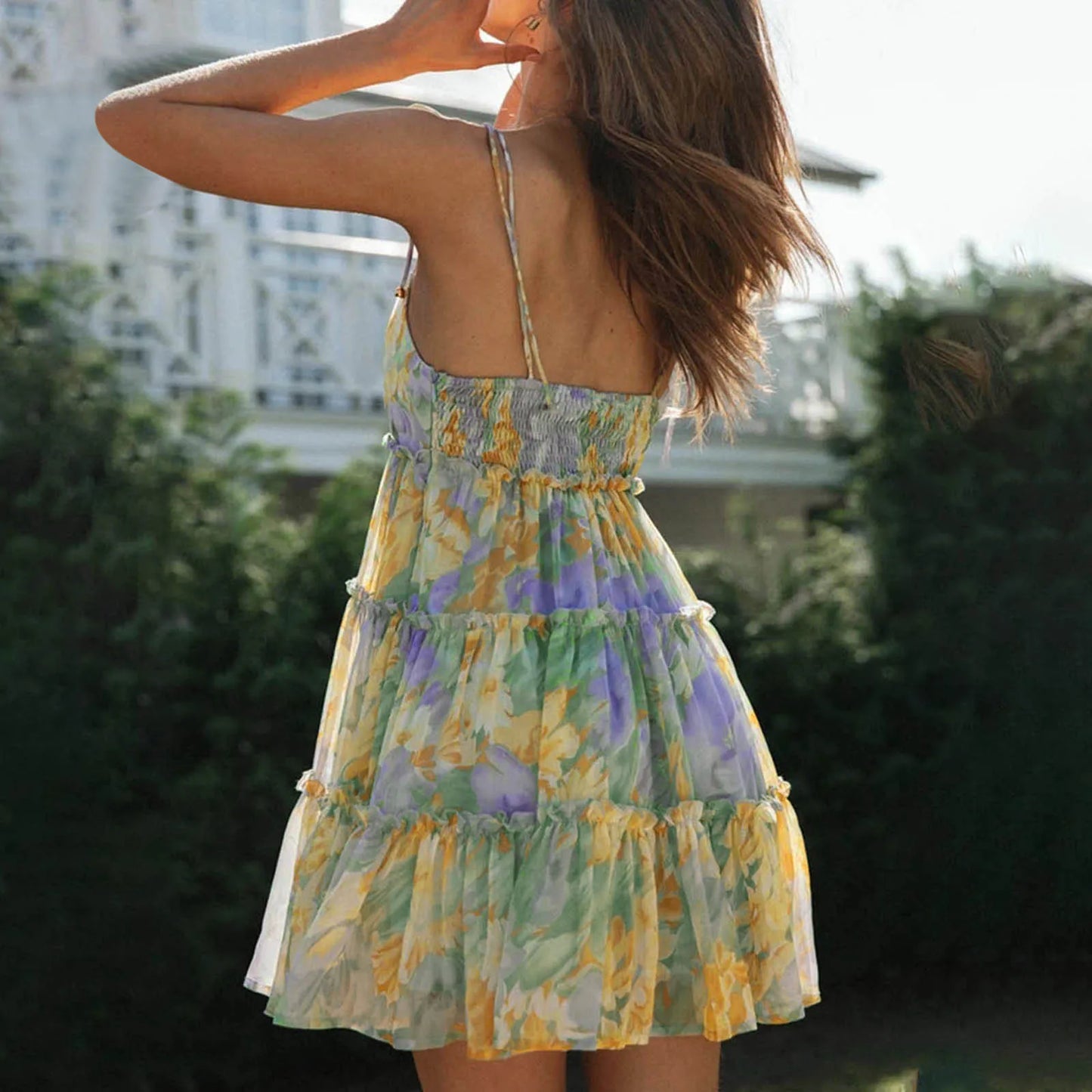 Boho Floral Backless Chiffon Sundress – Layered Ruffles, Strappy Sleeveless Holiday Mini Dress for Summer 2025