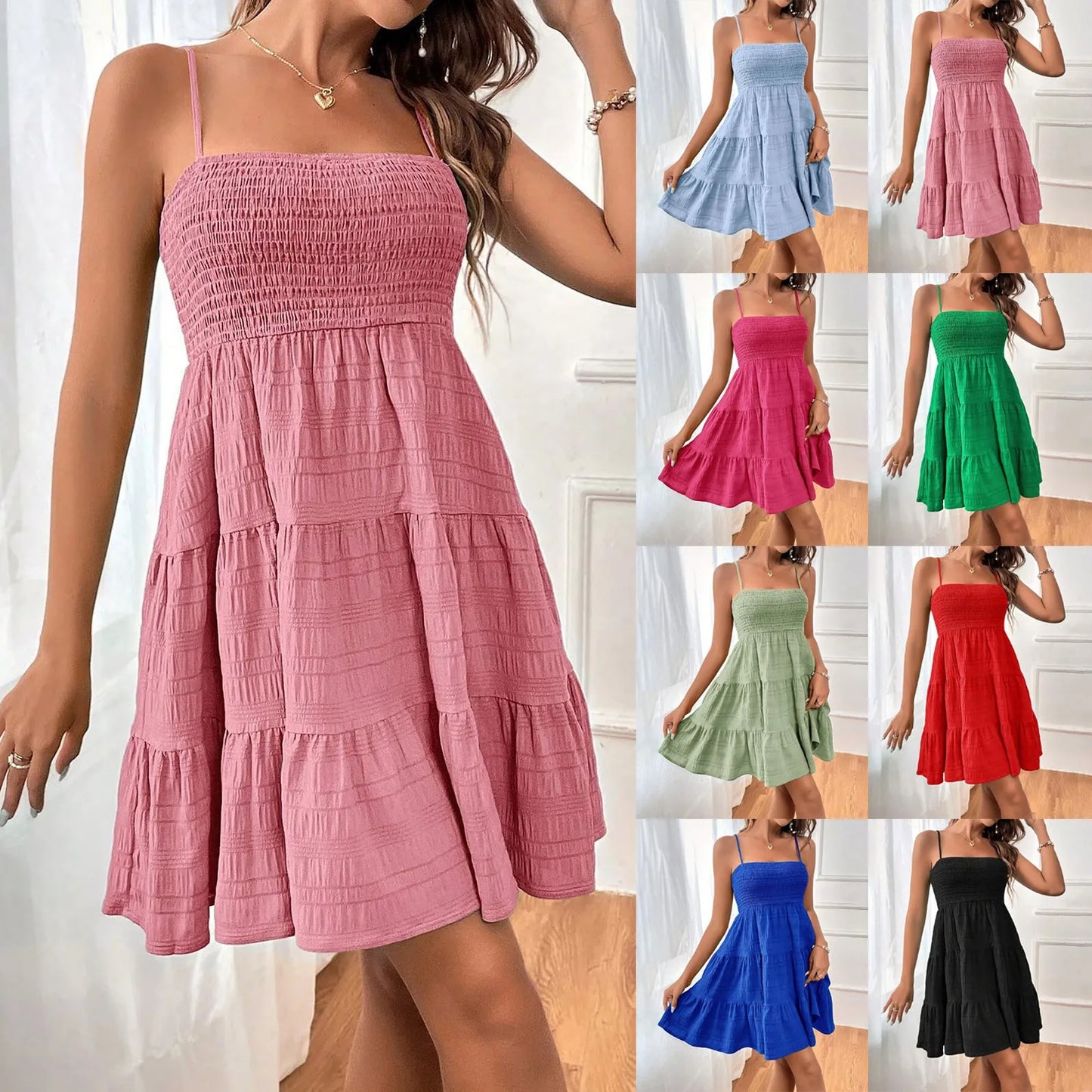 Boho-Chic Ruffled Mini Sundress – Sleeveless, Backless, Spaghetti Straps, Solid Color Swing Dress for Women