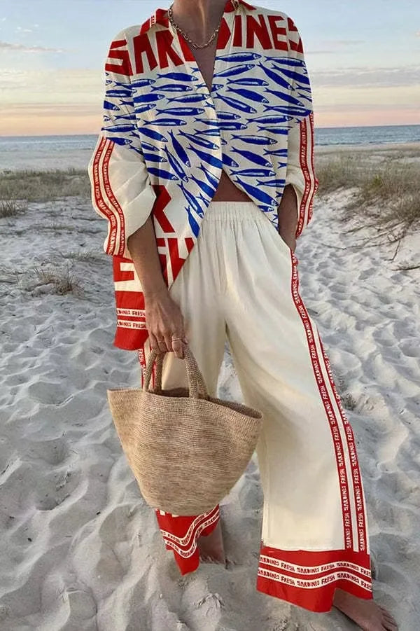 Beachy Two Piece Outfit With Loose Shirt And Wide Leg Bottoms For Summer Outfits Casual