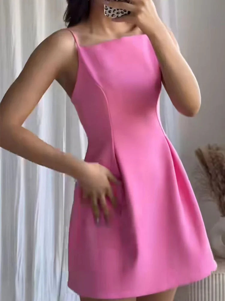 Coquette Pink A-Line Mini Dress – Spaghetti Strap Slim Fit Party Dress for Women, Summer 2025 Fashion