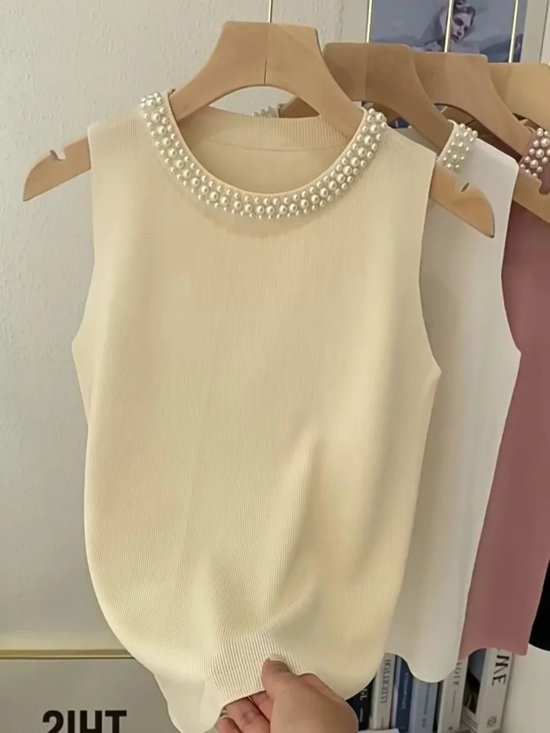 Korean Chic Beaded Knit Tank Top for Women