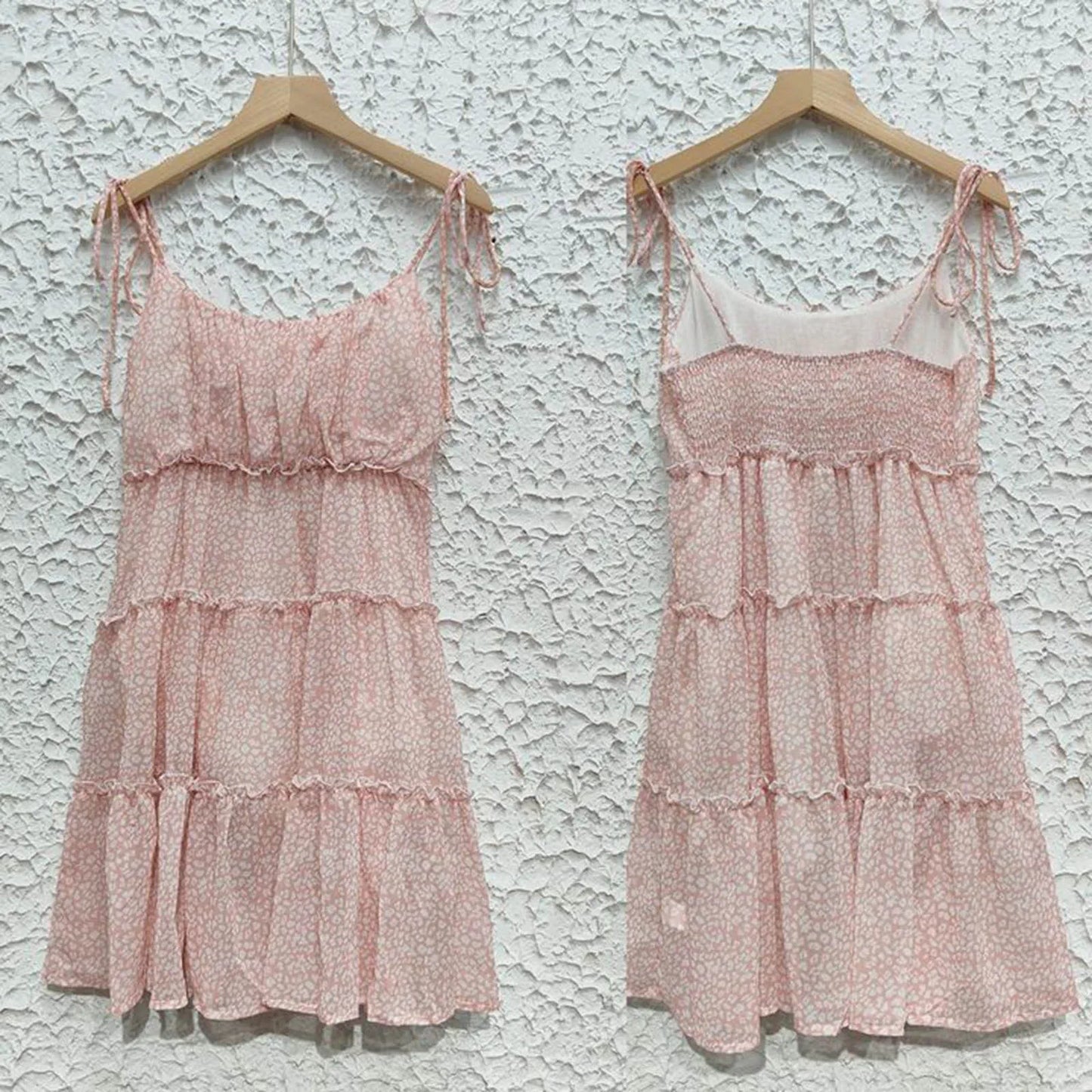 Boho Floral Backless Chiffon Sundress – Layered Ruffles, Strappy Sleeveless Holiday Mini Dress for Summer 2025