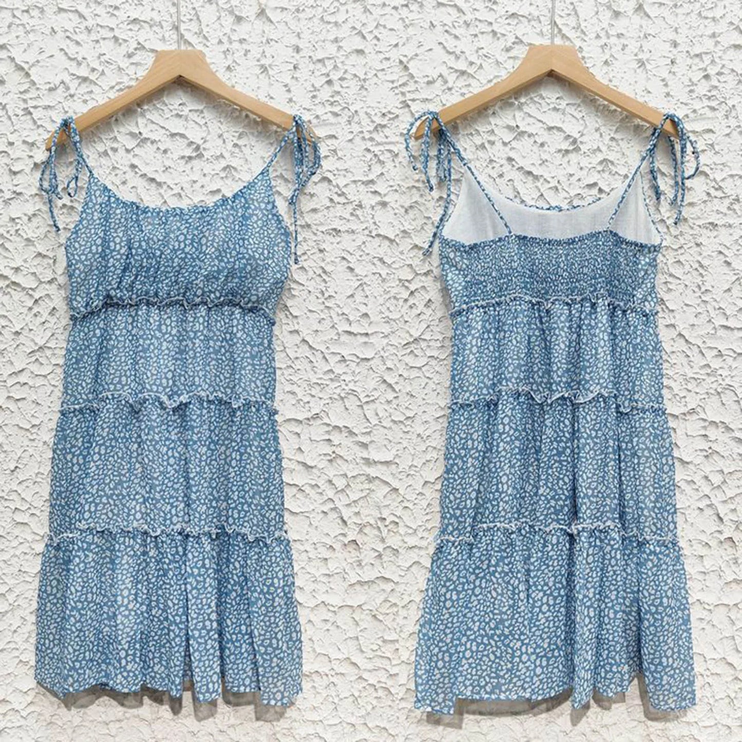 Boho Floral Backless Chiffon Sundress – Layered Ruffles, Strappy Sleeveless Holiday Mini Dress for Summer 2025