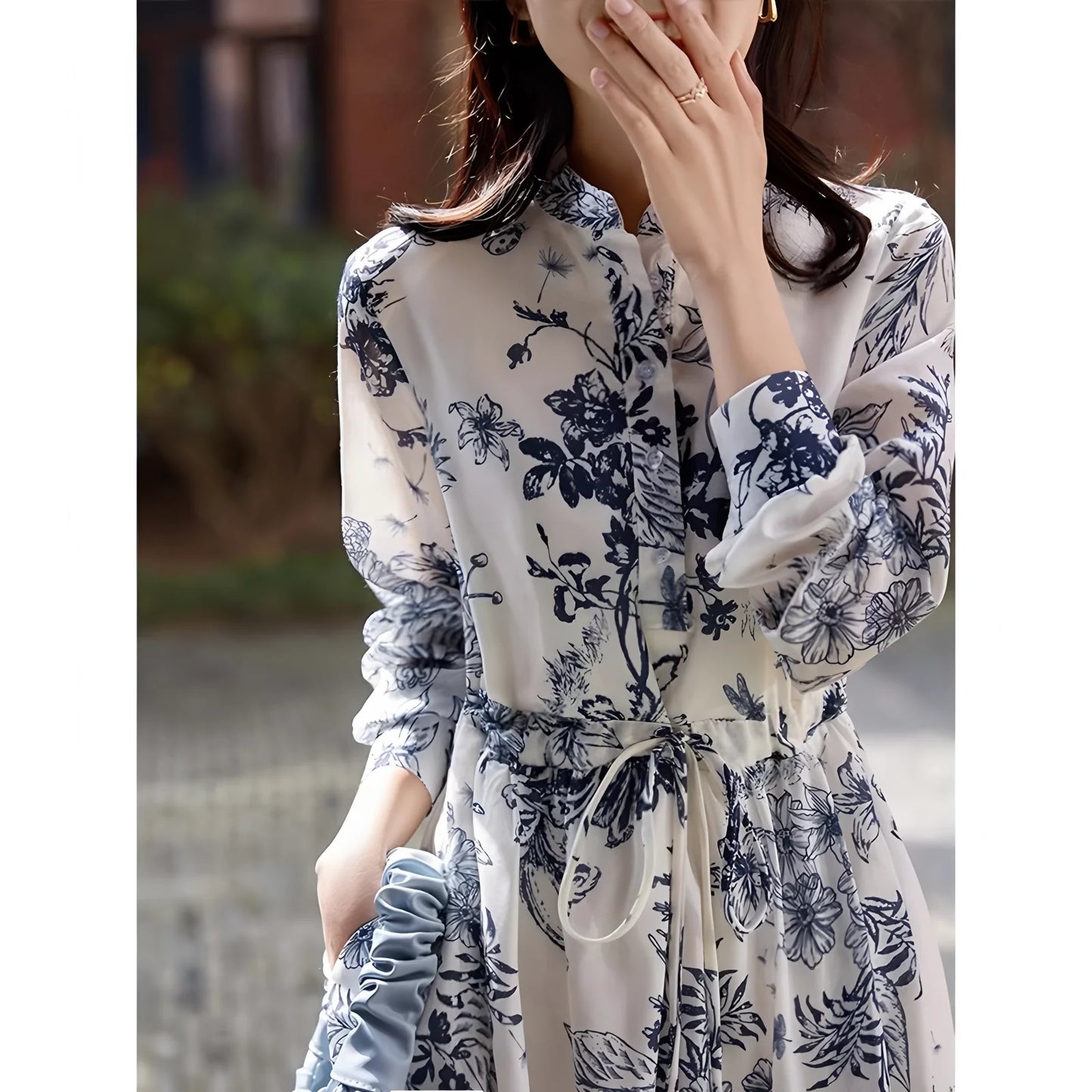 French Style Long Dress With Vintage Print And Tie Waist For Spring Fashion