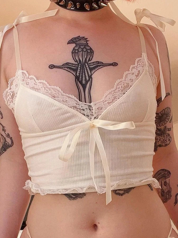 Soft Girl Vibes Summer Crop Tee With Backless Knit Design Lace Trim And Sweet Bow Accent