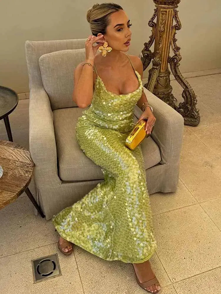 Glam Sequin Halter Maxi Dress – Backless Glitter U-Neck Evening Gown for Women, Summer 2025 Beach Party Look
