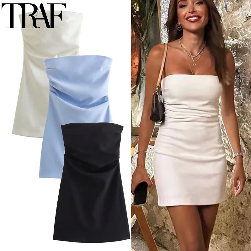 Off-the-Shoulder Corset Mini Dress – Ruched Backless Bodycon Dress in Blue, Black, and White