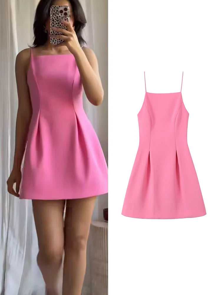 Coquette Pink A-Line Mini Dress – Spaghetti Strap Slim Fit Party Dress for Women, Summer 2025 Fashion