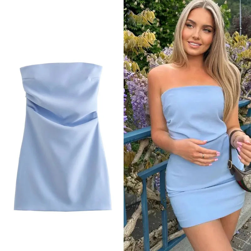 Off-the-Shoulder Corset Mini Dress – Ruched Backless Bodycon Dress in Blue, Black, and White