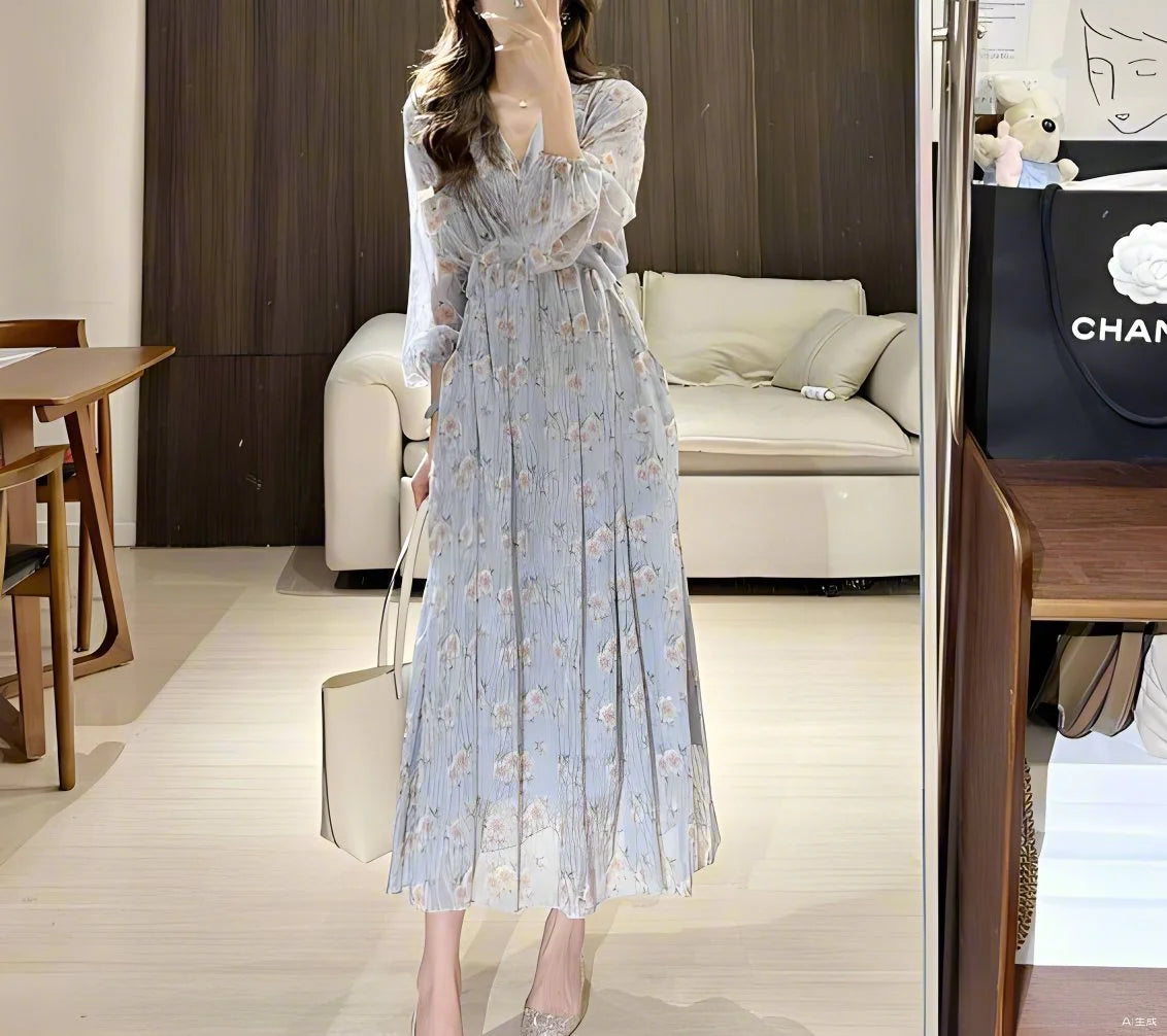 Floral Long Dress With Waist Tie And Swing Silhouette For Spring Outfits Casual