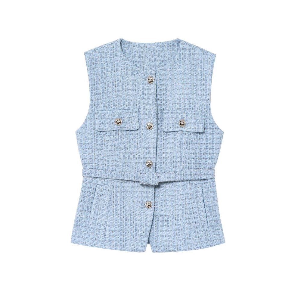 Sleeveless Tweed Waistcoat With Button Front For Trendy Outfit Ideas
