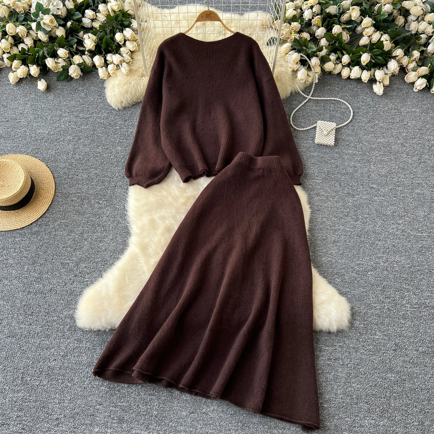Fall Outfit Aesthetic Knit Sweater And Skirt Coord Set
