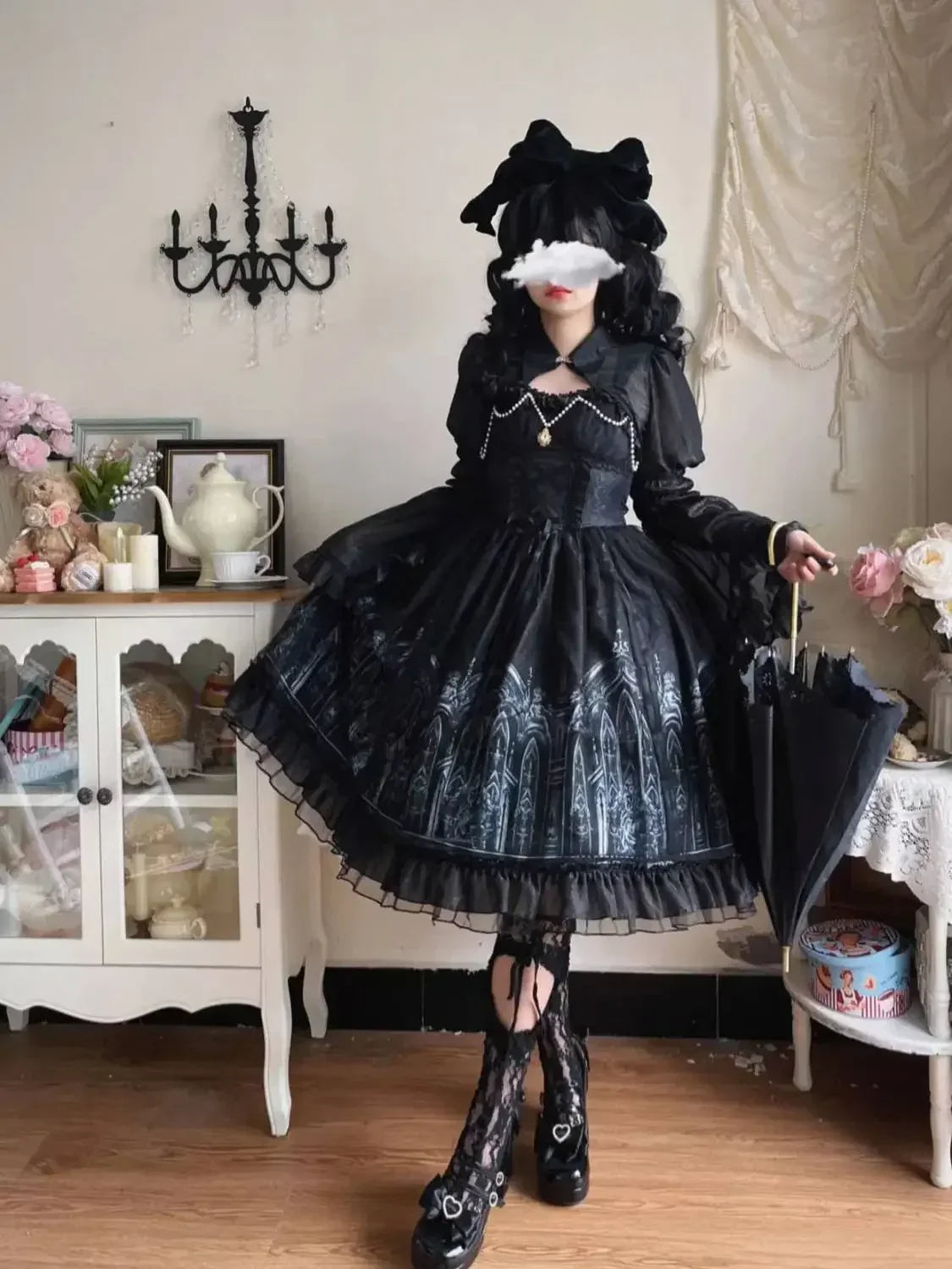 Gothic Style Long Dress For Evening Outfits Featuring Shawl And Victorian Details