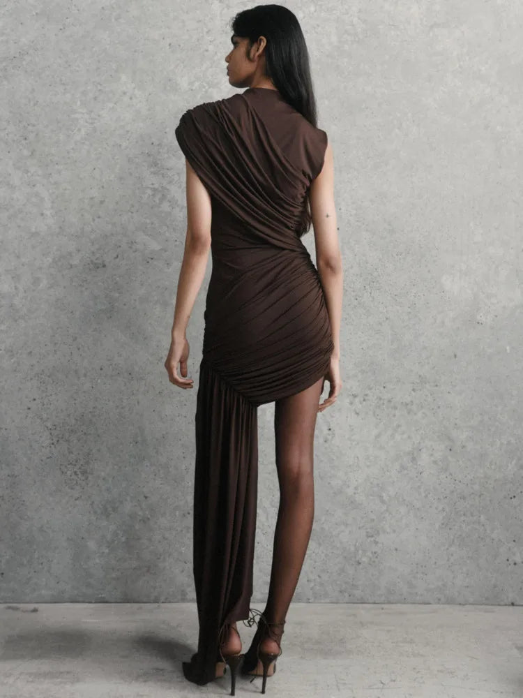Asymmetric Draped Ruched Mini Dress – Sleeveless High Waist Club Dress with Turtleneck, Elegant 2025 Party Look for Women