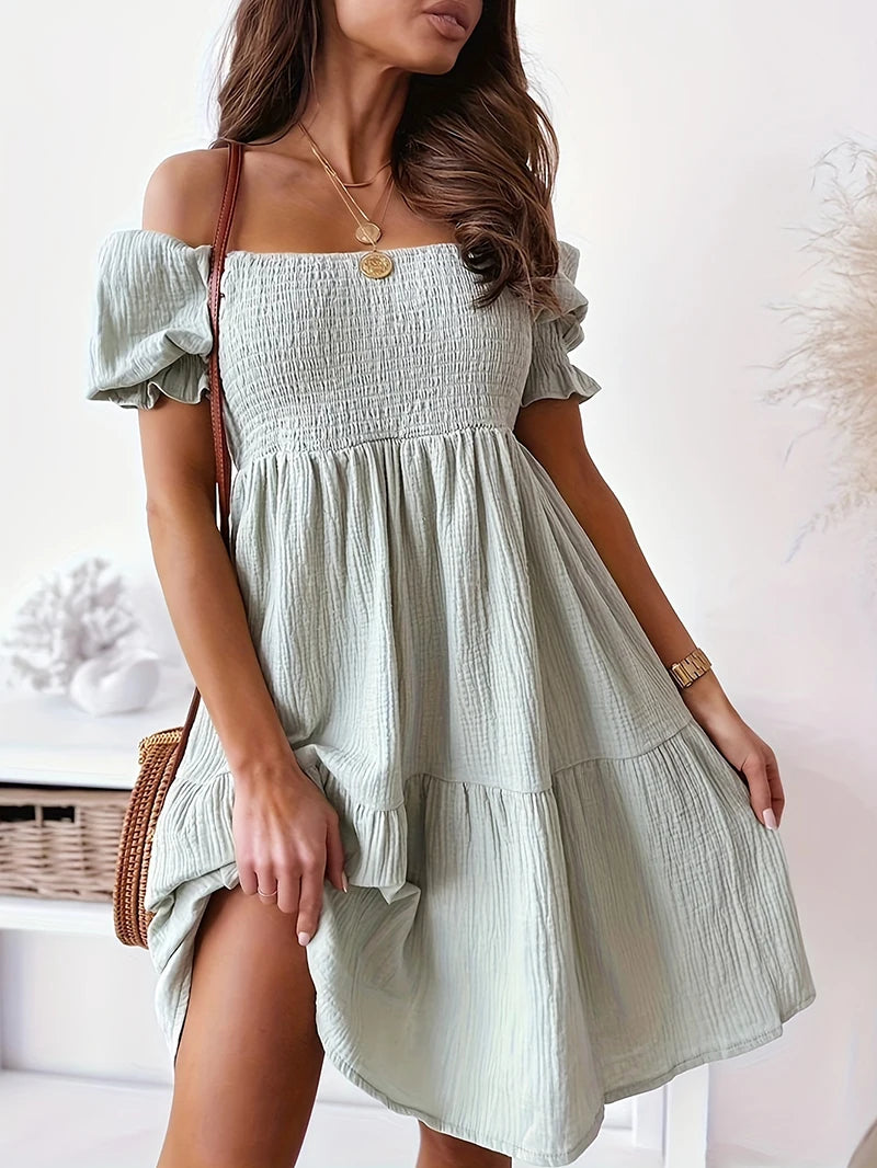 Elegant Off-Shoulder Midi Dress – Ruched Bodice with Bubble Sleeves and Ruffled Hem, Stretchy Fabric for Spring/Summer 2025