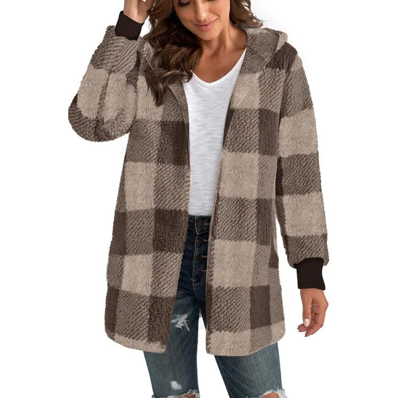 Soft Plush Outerwear With Long Sleeves And Plaid Style For Winter Fall Fashion