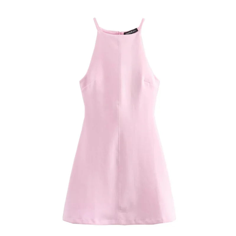 Moto Boho Interlock Halter Dress – Sexy Sleeveless A-Line Fitted Dress in Stretchy Flexible Knitted Fabric