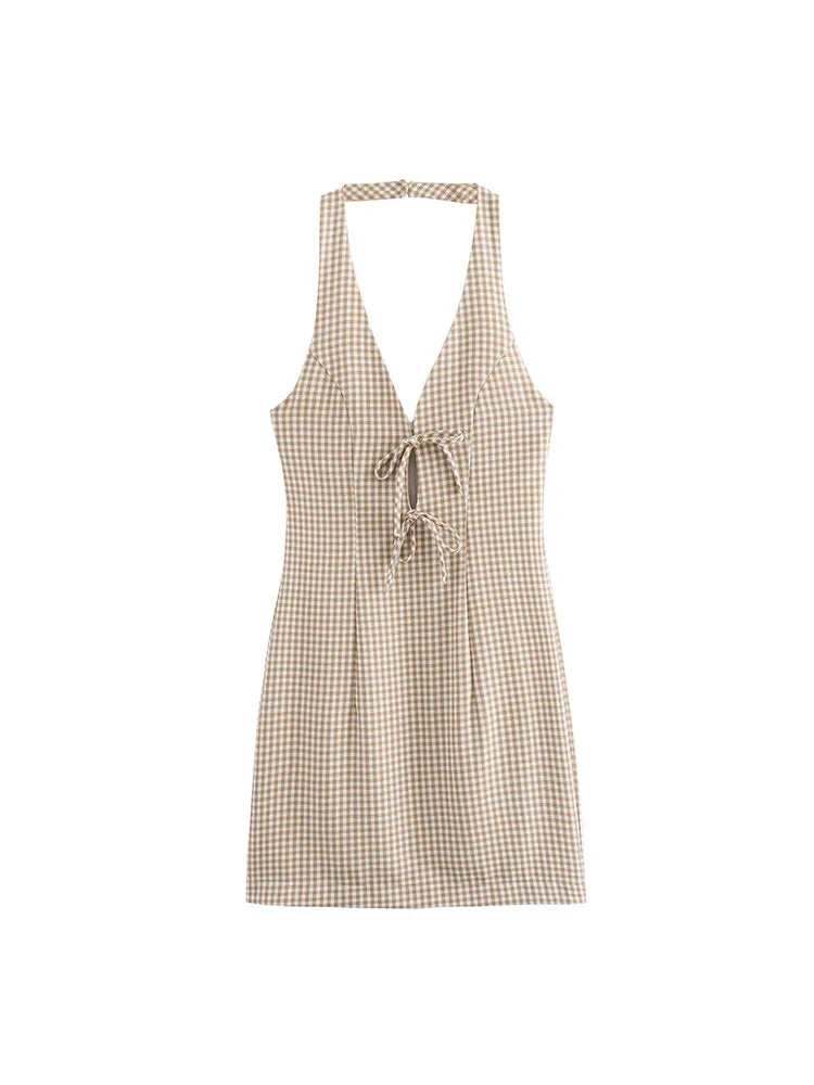Cherry Coded Goddess Halter Dress – Slim Fit Open Back Mini Dress with Small Plaid Pattern