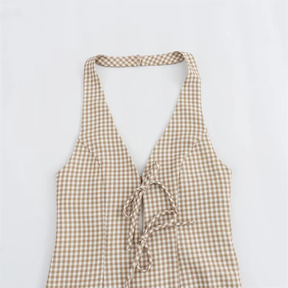 Cherry Coded Goddess Halter Dress – Slim Fit Open Back Mini Dress with Small Plaid Pattern
