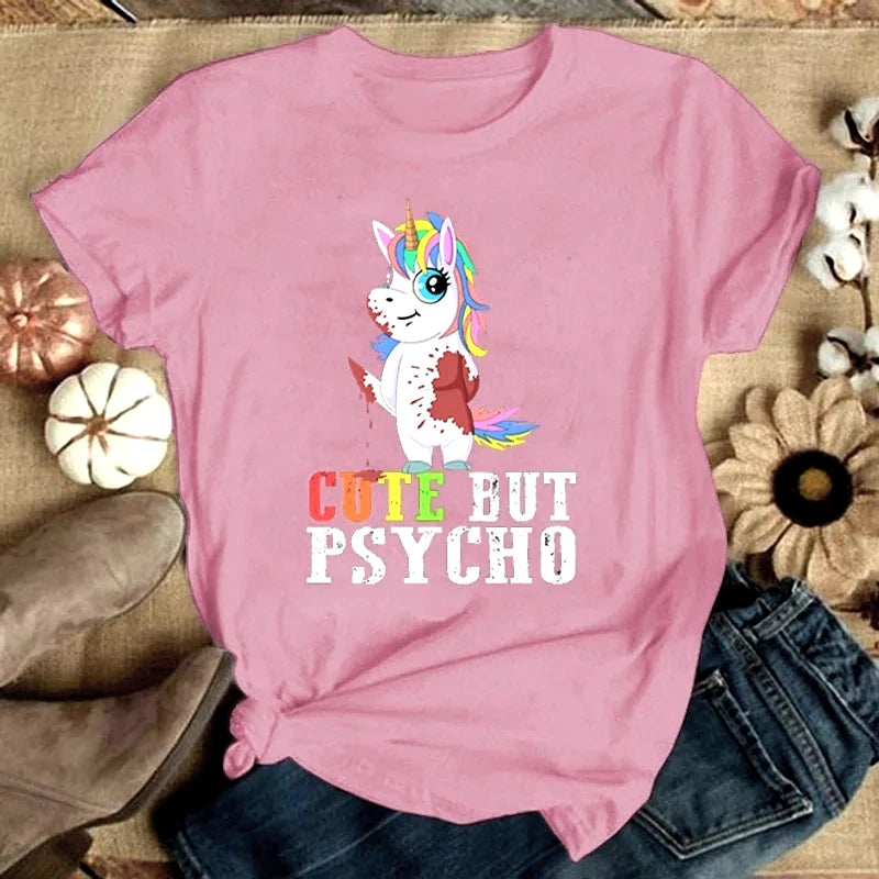 MythiCore MoodSwing Tee – Ecliptic Unicorn SketchTop for Offbeat Queens Unicorn Pattern Cute But Psycho Printed T-Shirt Summer Women T Shirt Casual Streetwear Short Sleeve Round Neck Clothes