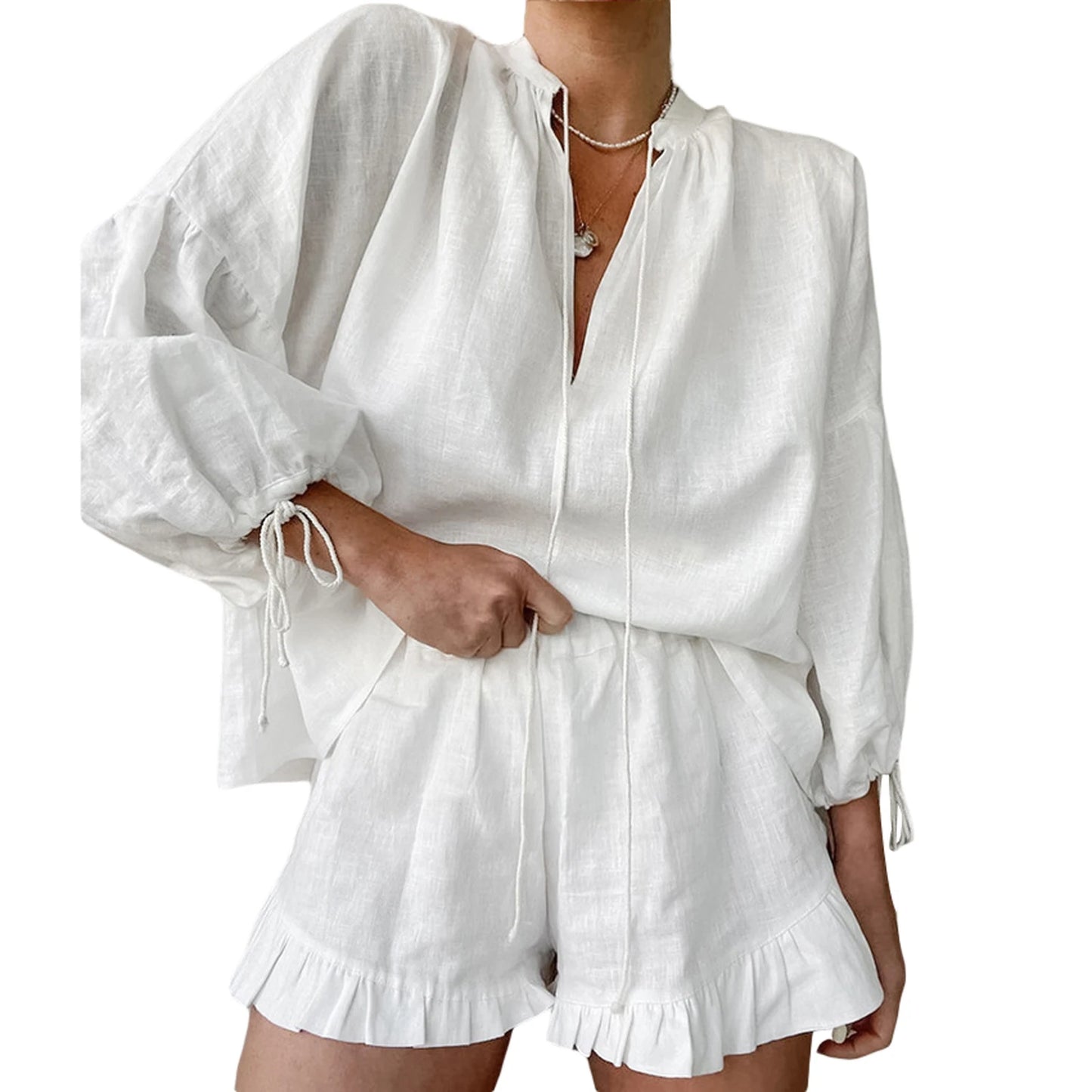 Trendy Y2K Two Piece Set With V Neck Blouse And Relaxed Retro Shorts For Summer