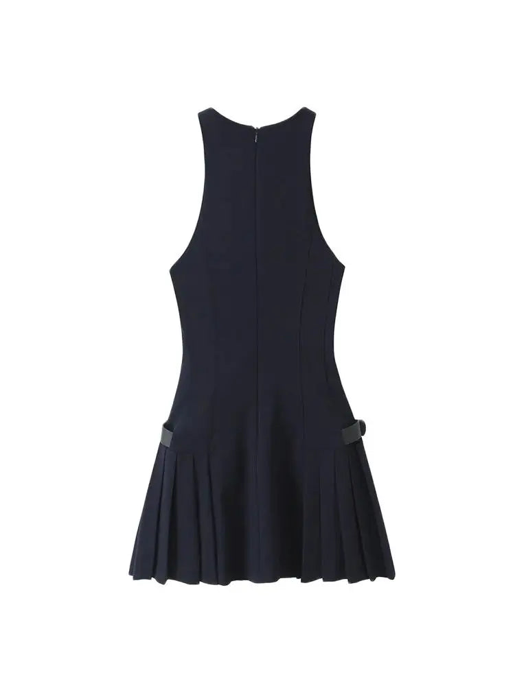 Cherry Coded Goddess Halter Mini Dress – Pleated with Side Loops, Back Zipper, and Chic Design