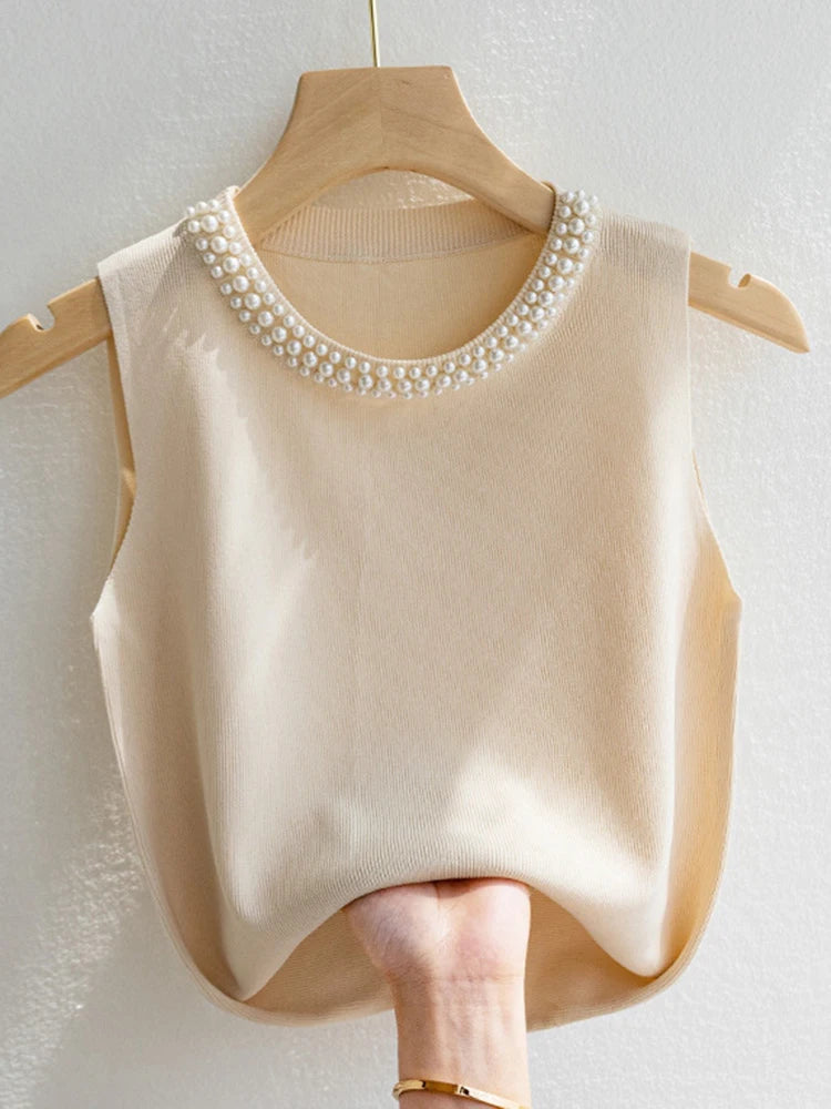 Korean Chic Beaded Knit Tank Top for Women