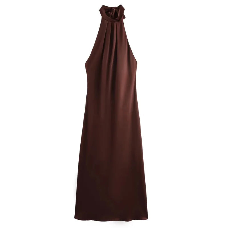 Satin Halter Backless Midi Dress – Brown Pleated Tie-Back Summer Party Dress for Women, Elegant 2025 Evening Look