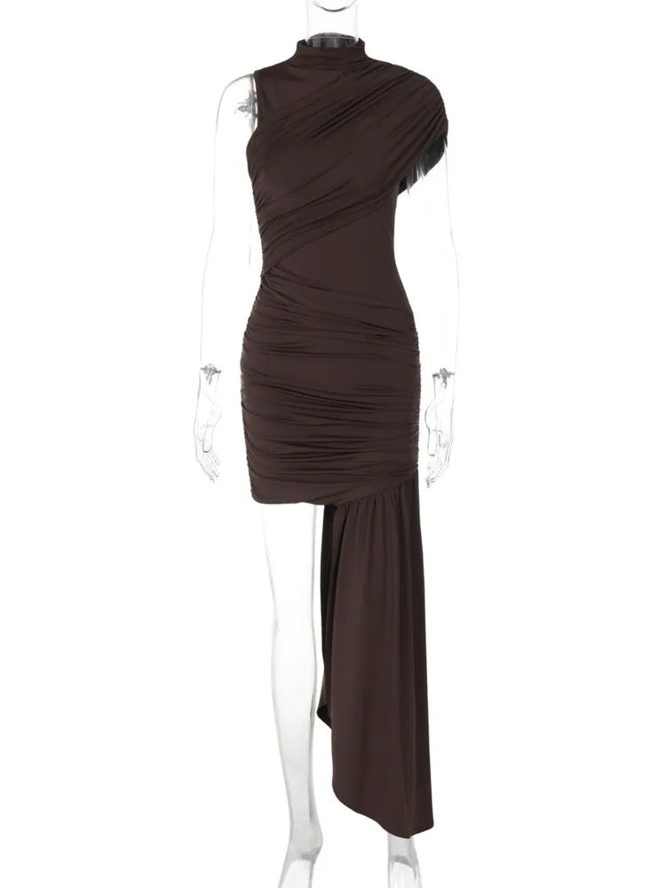 Asymmetric Draped Ruched Mini Dress – Sleeveless High Waist Club Dress with Turtleneck, Elegant 2025 Party Look for Women