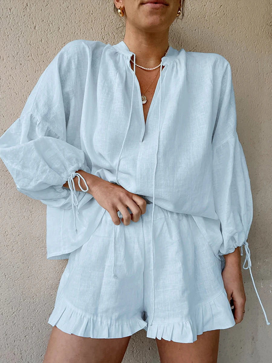 Trendy Y2K Two Piece Set With V Neck Blouse And Relaxed Retro Shorts For Summer