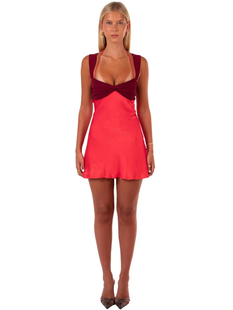 Rococo Revival Strapless Satin Mini Dress – Backless A-Line with Lace-Up High Waist and Patchwork Details