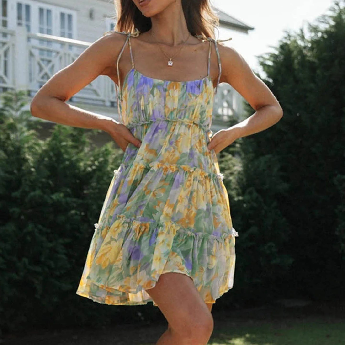 Boho Floral Backless Chiffon Sundress – Layered Ruffles, Strappy Sleeveless Holiday Mini Dress for Summer 2025