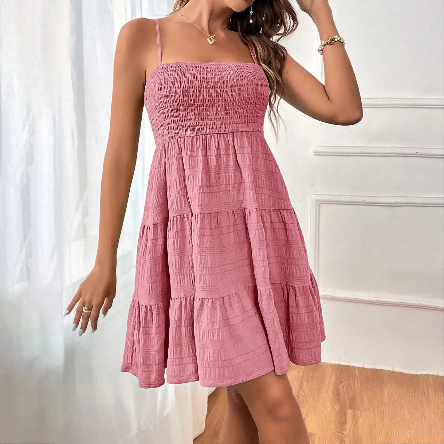 Boho-Chic Ruffled Mini Sundress – Sleeveless, Backless, Spaghetti Straps, Solid Color Swing Dress for Women