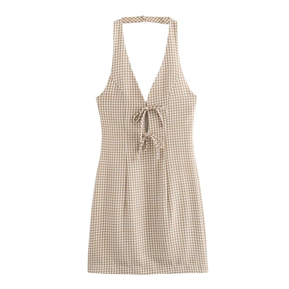 Cherry Coded Goddess Halter Dress – Slim Fit Open Back Mini Dress with Small Plaid Pattern
